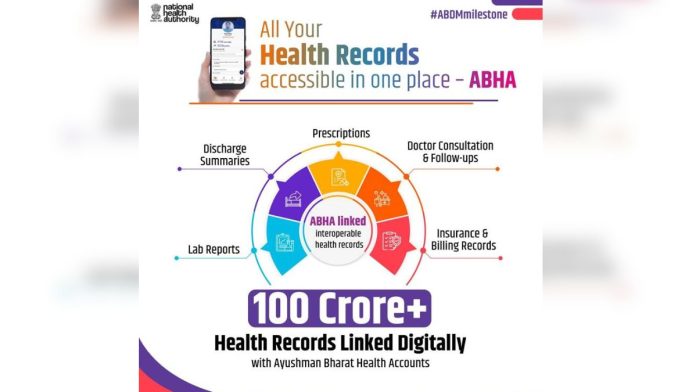 ABHA से जुड़े 100 करोड़ हेल्थ रिकॉर्ड का डिजिटल हेल्थ सिस्टम दृश्य।
