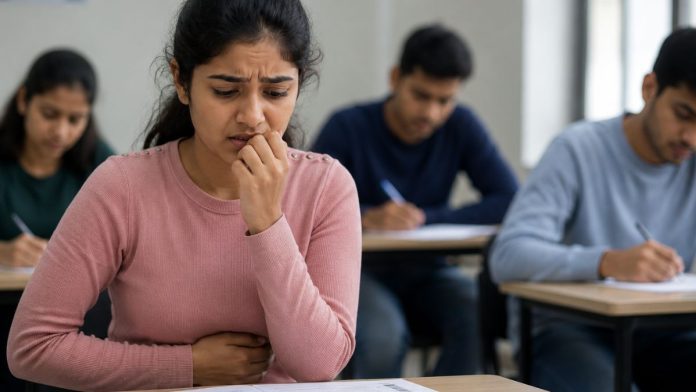 एग्जाम के दौरान घबराहट और पेट में बेचैनी महसूस करती छात्रा, तनाव