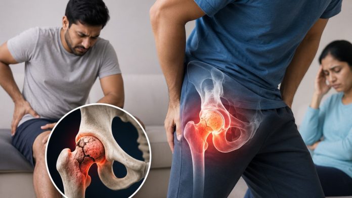 कूल्हे के दर्द से परेशान युवा व्यक्ति, हिप जॉइंट डैमेज और AVN बीमारी को दर्शाती मेडिकल अवेयरनेस इमेज
