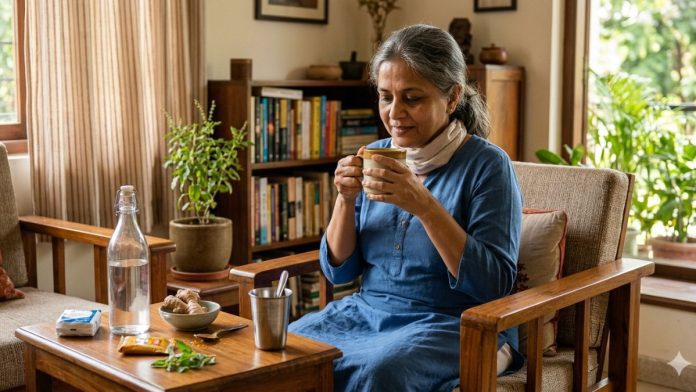 चाय पीती हुई महिला