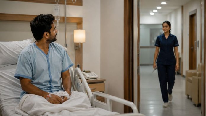 Patient in bed with nurse passing by