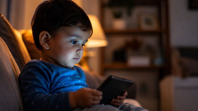 Toddler absorbed in tablet light