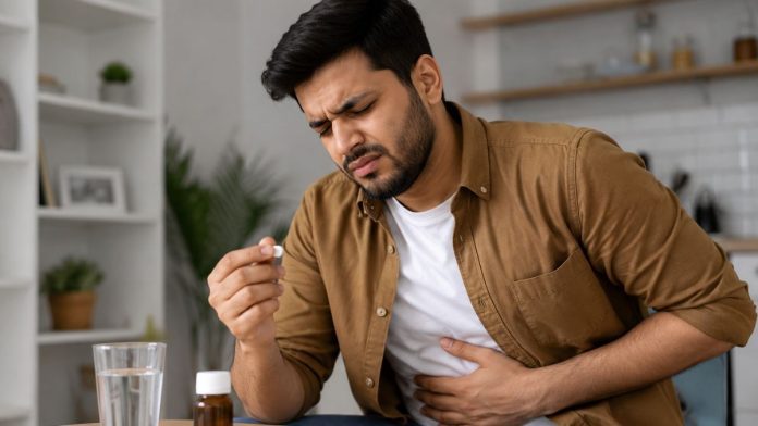 Man in discomfort with medicine on table
