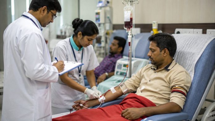 ब्लड ट्रांसफ्यूज करवाता हुआ व्यक्ति