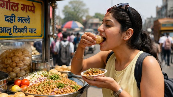 गोल गप्पे खाती हुई महिला