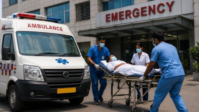 Emergency transport outside hospital entrance