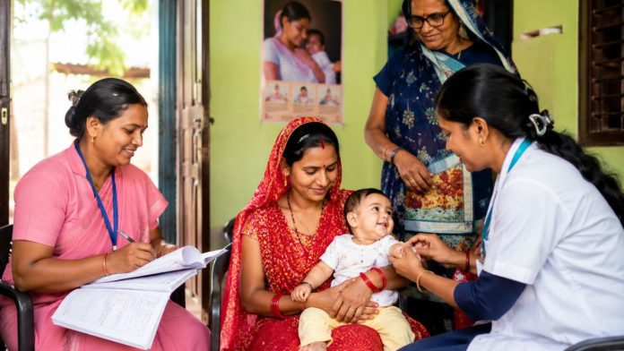 Healthcare visit with a baby in India