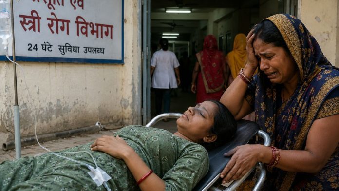 बीमार व्यक्ति के आगे रोती हुई महिला
