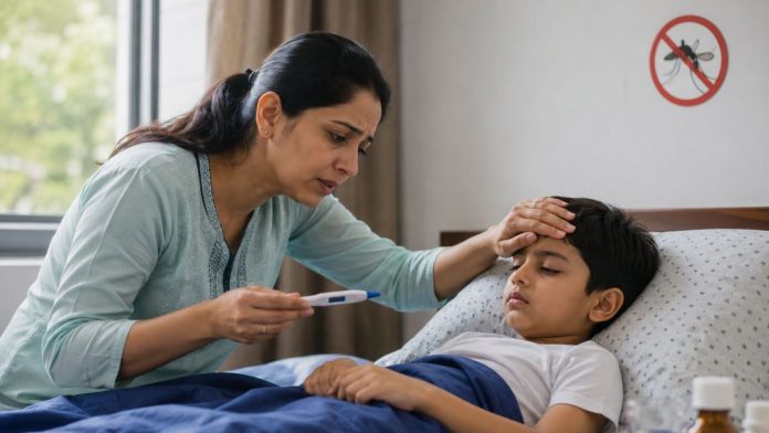 Mother tending to sick child at home