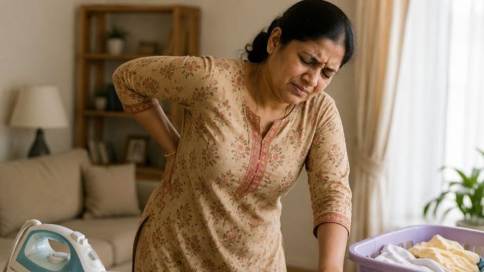 Woman ironing with back discomfort