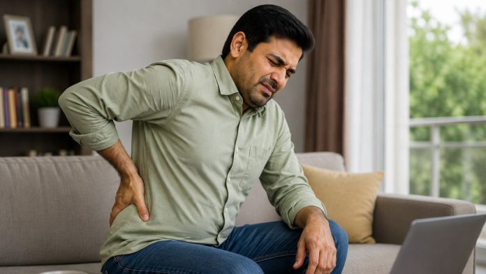 Man with back pain at home office