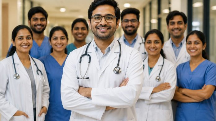 Smiling medical team in hospital corridor