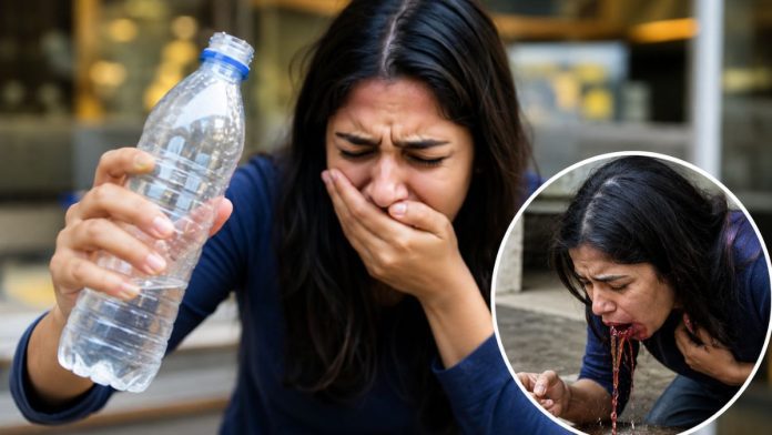 Woman in distress with water bottle